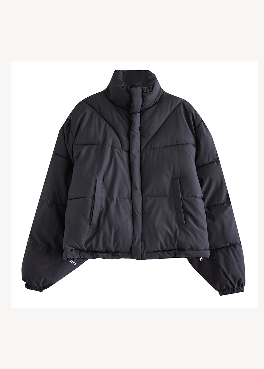 WW | Black Stand-Up Collar Pockets Fine Cotton Padded Warm Winter Jackets