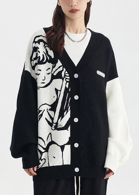 WW | Black V-Neck Snap Button Knit Neutral Coats Long Sleeve