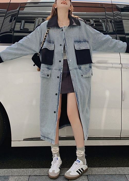 WW | Blue Peter Pan Collar Button Patchwork Jeans Long Coats