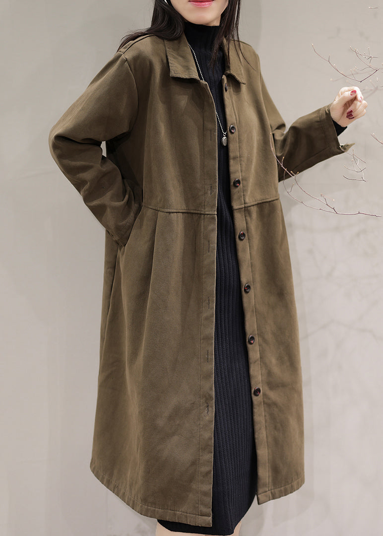 WW | Brown Peter Pan Collar Button Warm Fleece Coats Long Sleeves