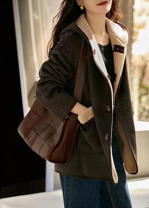 WW | Camel Hooded Pocket Patchwork Reversible Wool Coats Winter