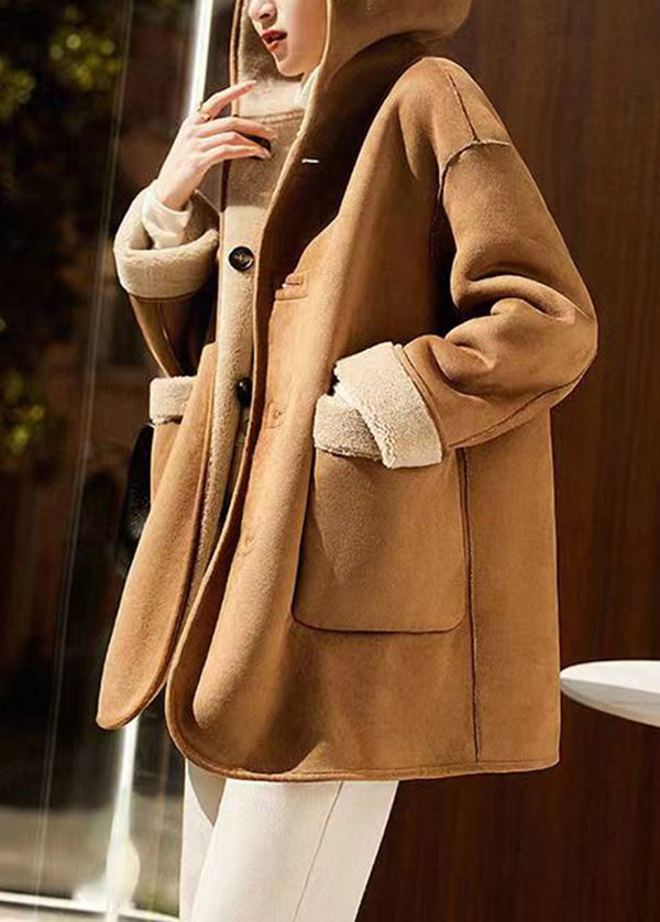 WW | Camel Hooded Pocket Patchwork Reversible Wool Coats Winter