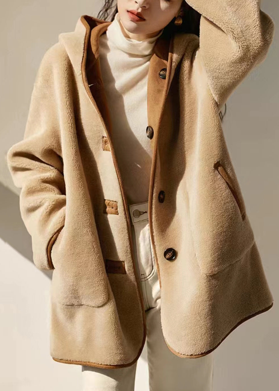 WW | Camel Hooded Pocket Patchwork Reversible Wool Coats Winter