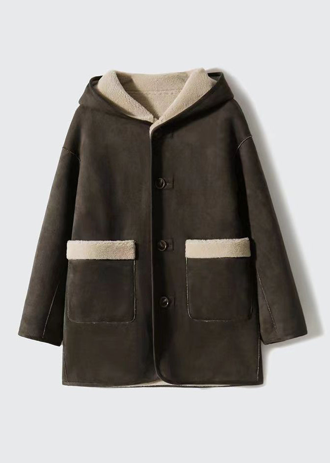 WW | Camel Hooded Pocket Patchwork Reversible Wool Coats Winter