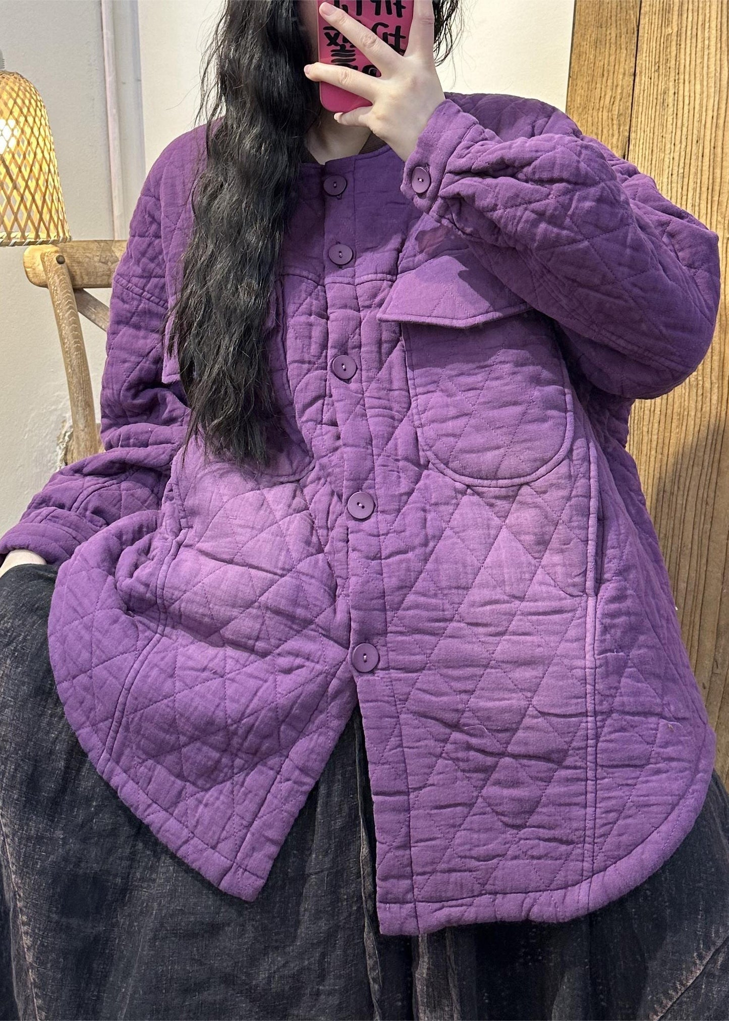 WW | Lässige lila Taschenknopf feine Baumwollgefüllte Mäntel Winter