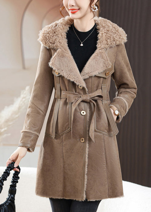 WW | Coffee Faux Fur Collar Button Tie Waist Fuzzy Fur Coats Winter
