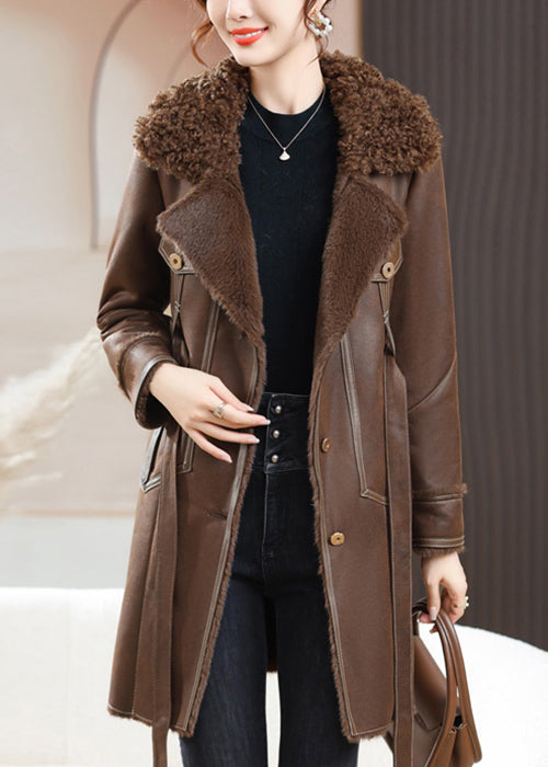 WW | Kaffee Fellkragen Knopf Bindegürtel Fuzzy Fell Mäntel Winter