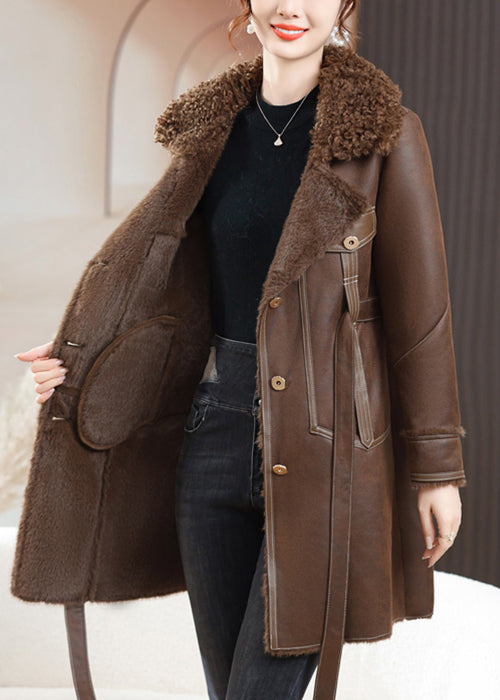 WW | Coffee Faux Fur Collar Button Tie Waist Fuzzy Fur Coats Winter