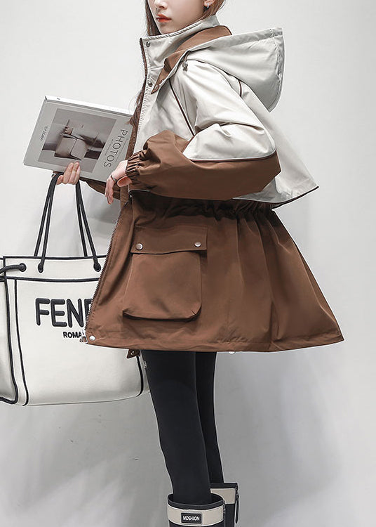 WW | Coffee Hood Pockets Patchwork Warm Fleece Coats Winter
