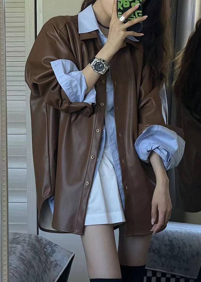 WW | Coffee Peter Pan Collar Button Faux Leather Jackets Long Sleeves