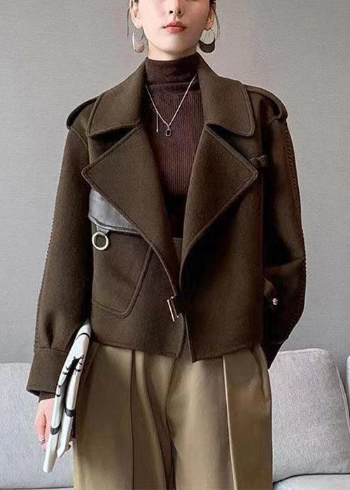 WW | Coffee Peter Pan Collar Patchwork Double-Sided Wool Coats