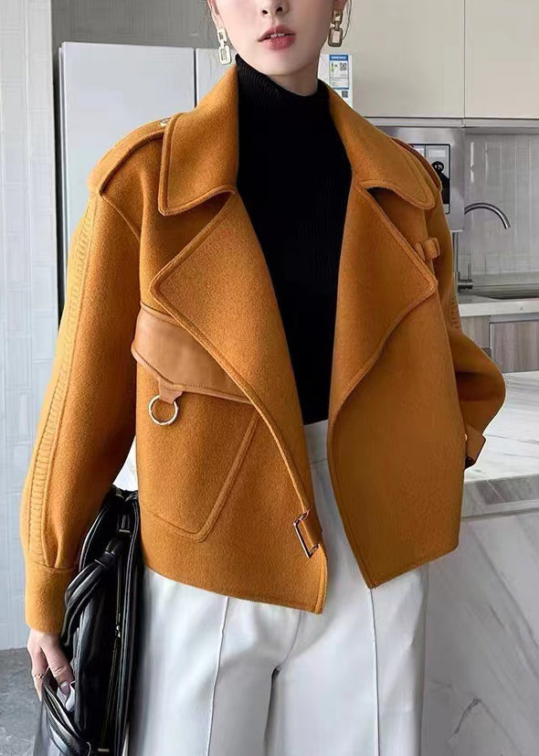 WW | Coffee Peter Pan Collar Patchwork Double-Sided Wool Coats