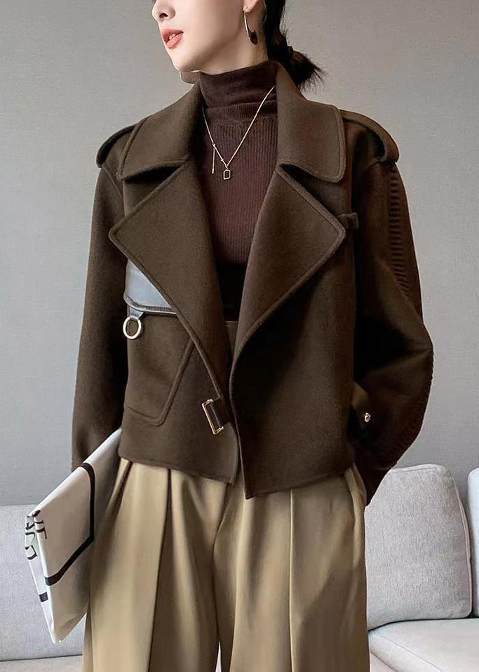 WW | Coffee Peter Pan Collar Patchwork Double-Sided Wool Coats