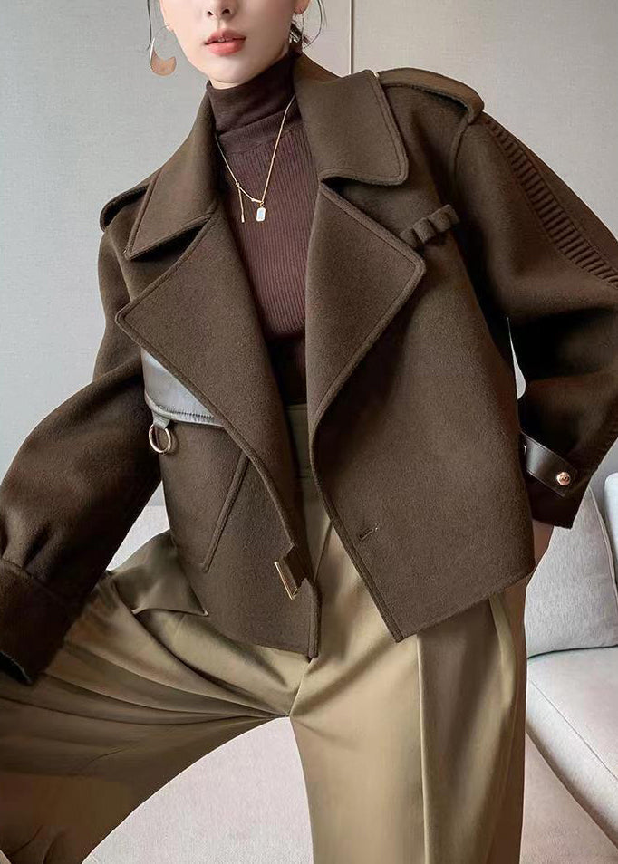 WW | Coffee Peter Pan Collar Patchwork Double-Sided Wool Coats