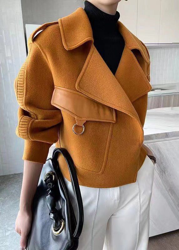 WW | Coffee Peter Pan Collar Patchwork Double-Sided Wool Coats