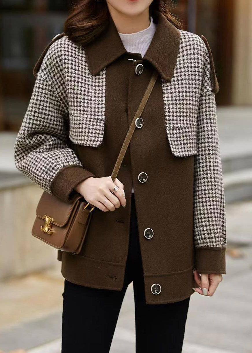 WW | Coffee Plaid Button Patchwork Cotton Coats