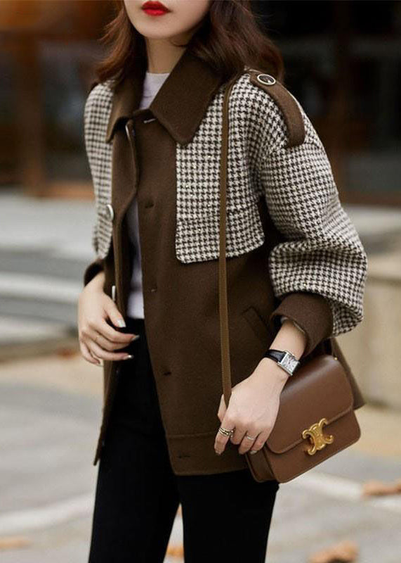 WW | Coffee Plaid Button Patchwork Cotton Coats