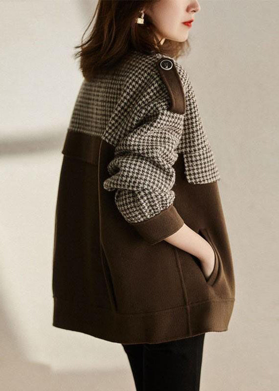 WW | Coffee Plaid Button Patchwork Cotton Coats
