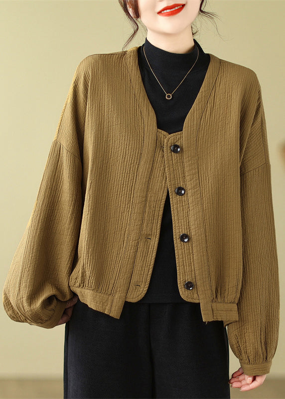 WW | Coffee V-Neck Button Patchwork Cotton Coats Batwing Sleeves