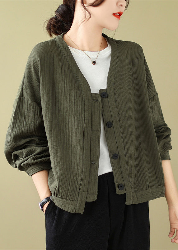 WW | Coffee V-Neck Button Patchwork Cotton Coats Batwing Sleeves