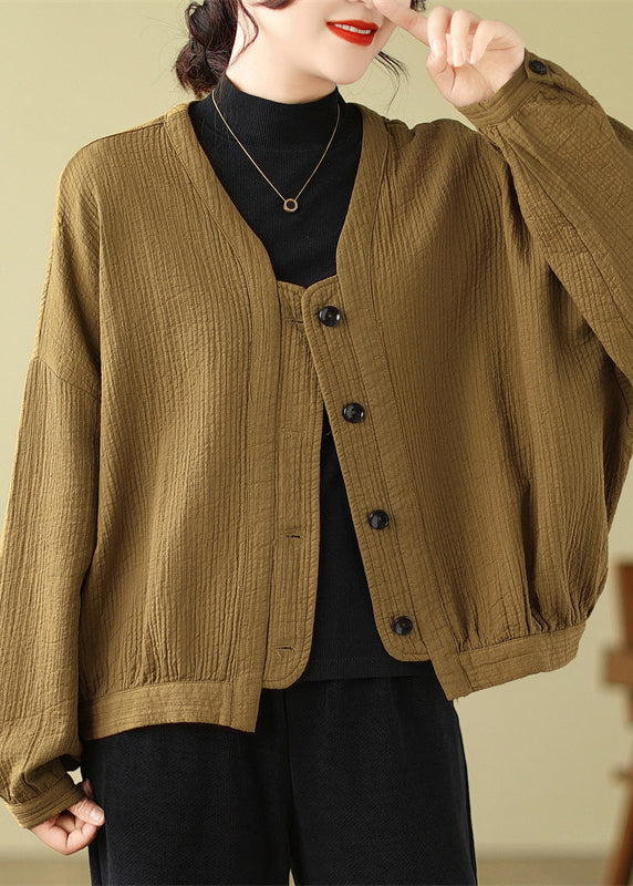 WW | Coffee V-Neck Button Patchwork Cotton Coats Batwing Sleeves