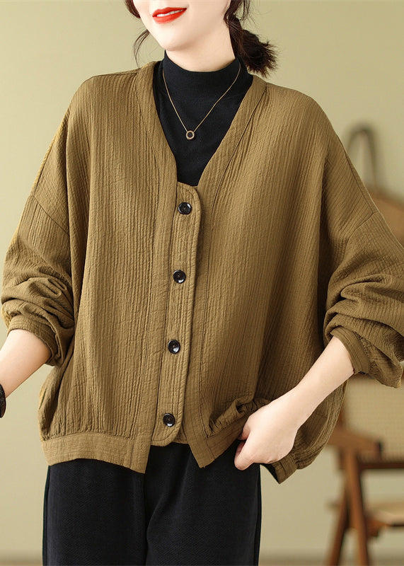 WW | Coffee V-Neck Button Patchwork Cotton Coats Batwing Sleeves