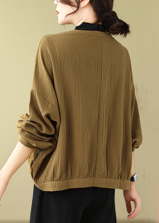 WW | Coffee V-Neck Button Patchwork Cotton Coats Batwing Sleeves