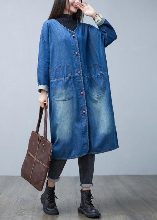 WW | Denim Blau V-Ausschnitt Patchwork Taschen Baumwolle Trenchcoats