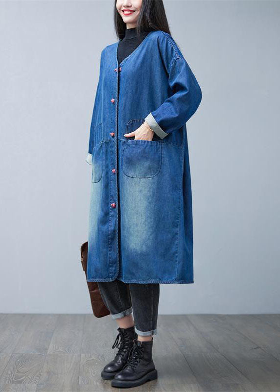 WW | Denim Blue V-Neck Patchwork Pockets Cotton Trench Coats