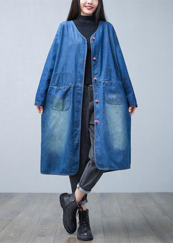WW | Denim Blue V-Neck Patchwork Pockets Cotton Trench Coats