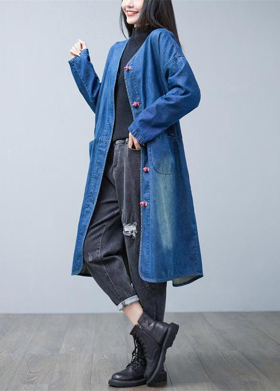 WW | Denim Blue V-Neck Patchwork Pockets Cotton Trench Coats