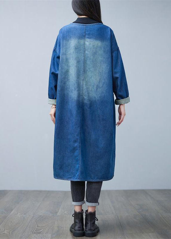 WW | Denim Blue V-Neck Patchwork Pockets Cotton Trench Coats