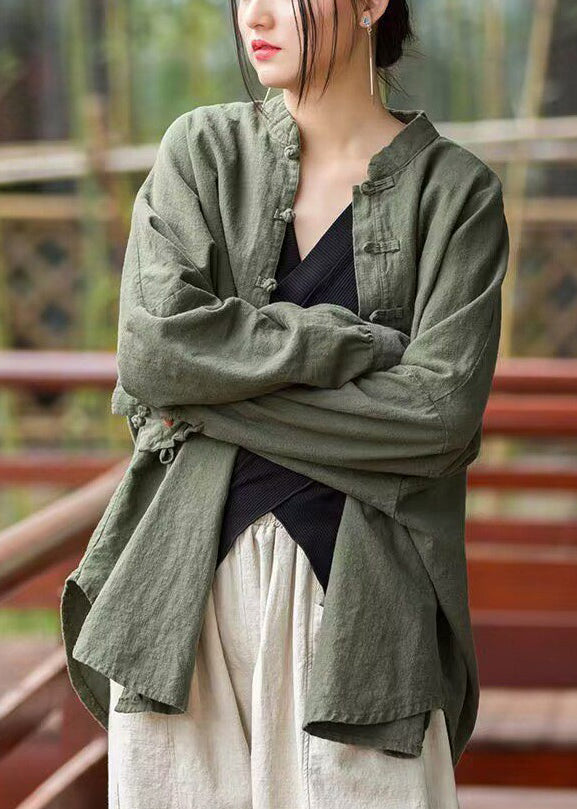 WW | Green Plain Button Cotton Coats Long Sleeves