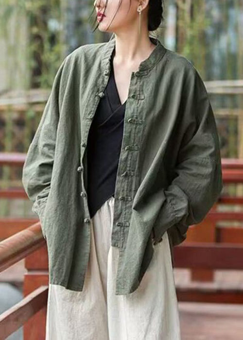 WW | Green Plain Button Cotton Coats Long Sleeves