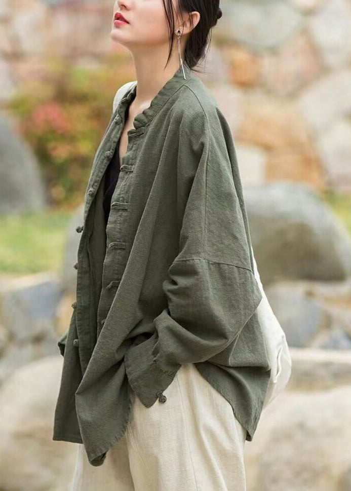 WW | Green Plain Button Cotton Coats Long Sleeves