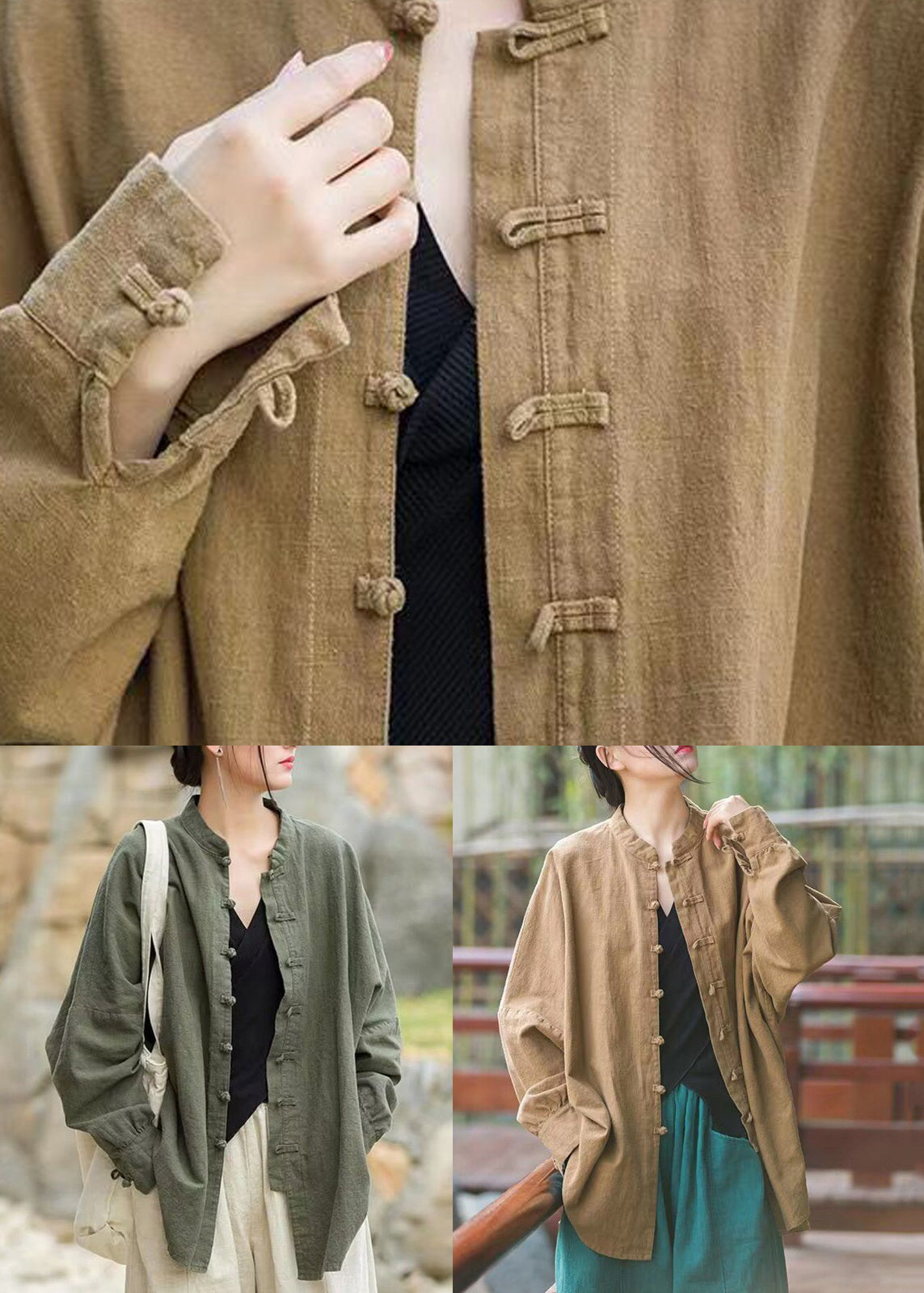 WW | Green Plain Button Cotton Coats Long Sleeves