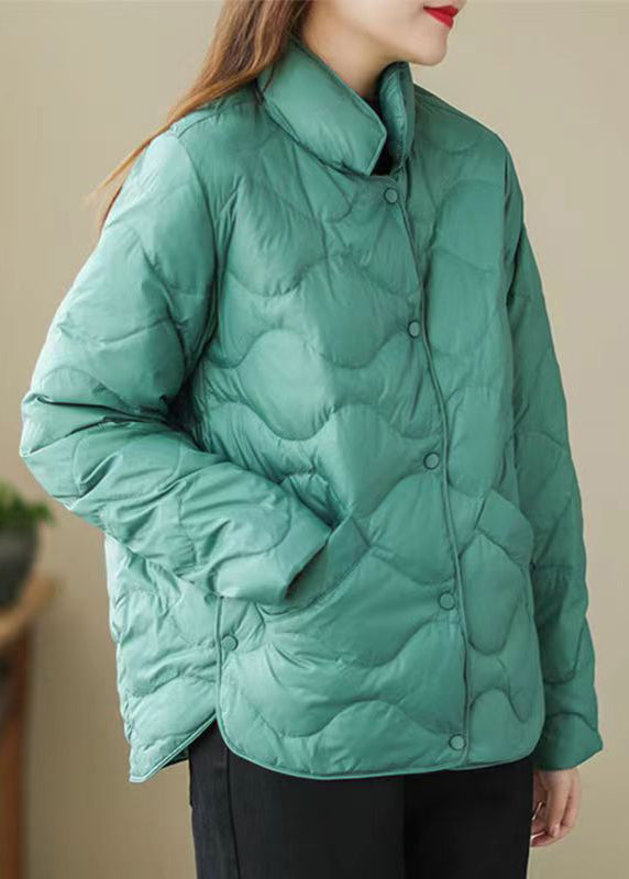 WW | Green Stand-Up Collar Button Duck Down Coats Long Sleeve