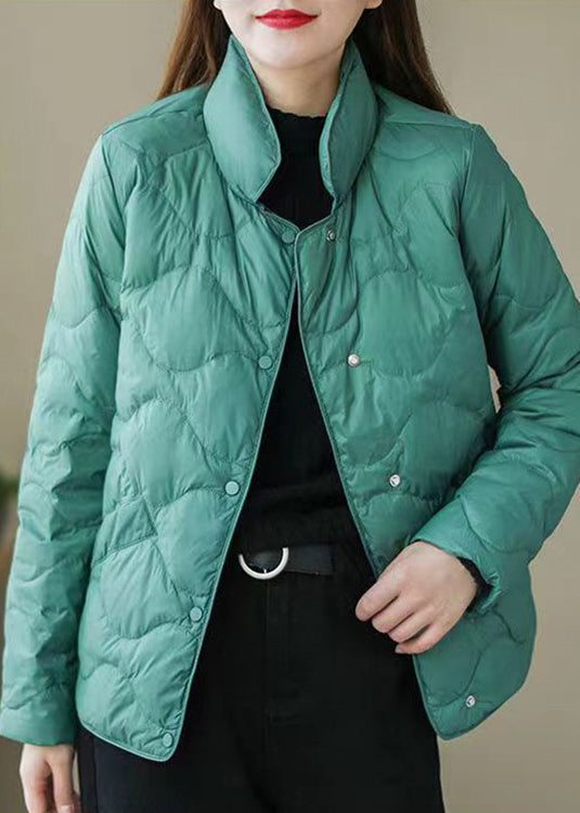 WW | Green Stand-Up Collar Button Duck Down Coats Long Sleeve