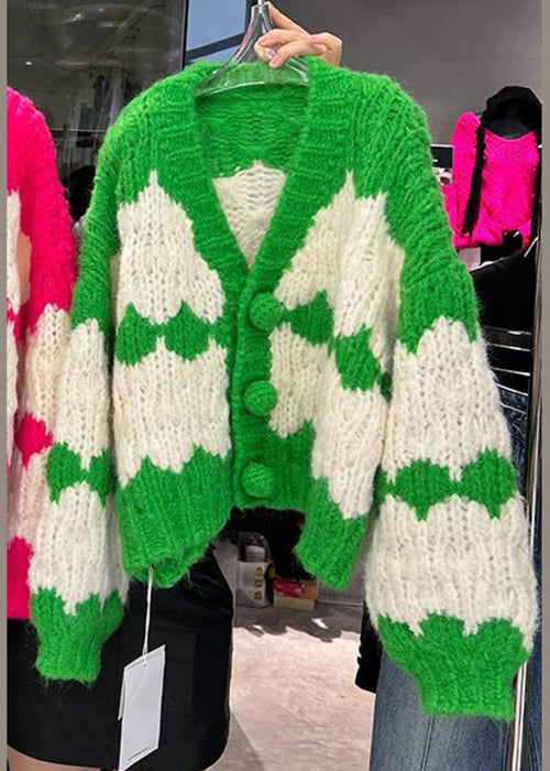 WW | Green V-Neck Button Patchwork Cotton Knit Coats