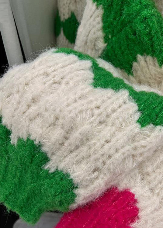 WW | Green V-Neck Button Patchwork Cotton Knit Coats