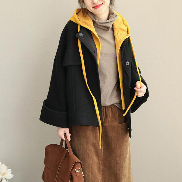 WW | Hoodie Black Winter Short Wool Coat Women Casual Jackets