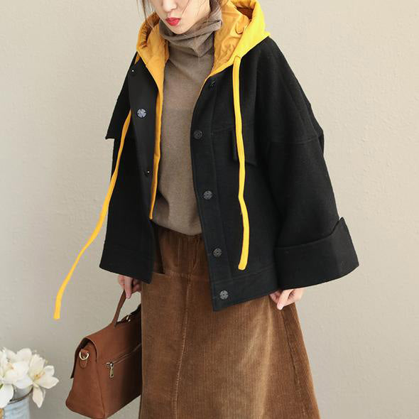 WW | Hoodie Schwarz Winterkurz Wollmantel Frauen Casual Jacken