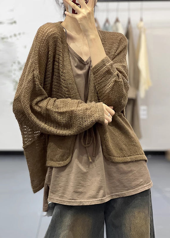 WW | Khaki Lace-up Patchwork Cotton Knit Coats