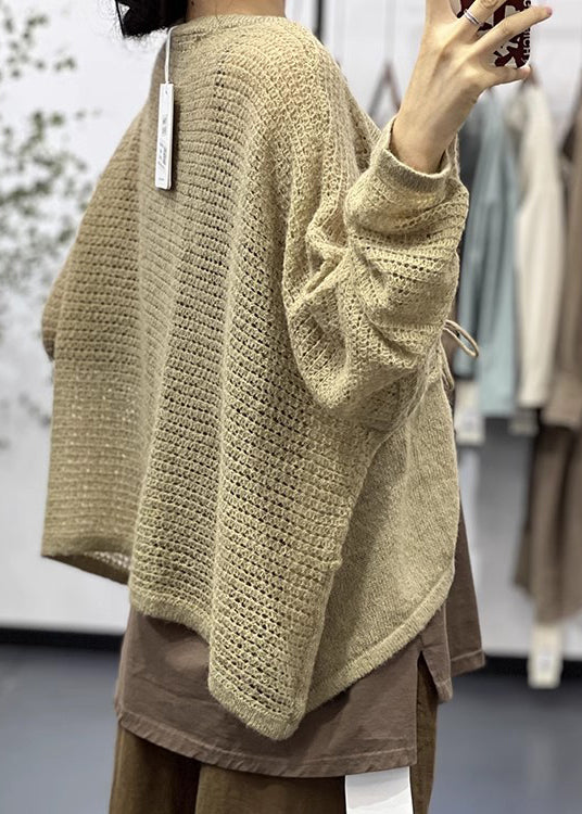 WW | Khaki Lace-up Patchwork Cotton Knit Coats