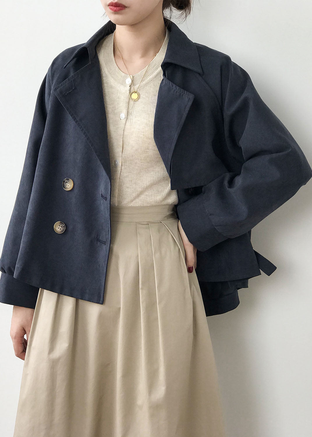 WW | Khaki Peter Pan-Kragen Patchwork Knopf Trenchcoats Frühling