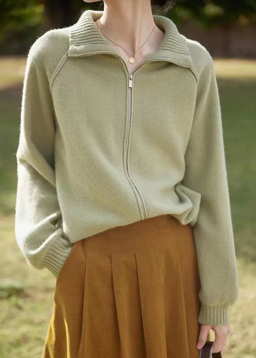 WW | Light Green Zip-Up Patchwork Knitted Coat with Long Sleeves