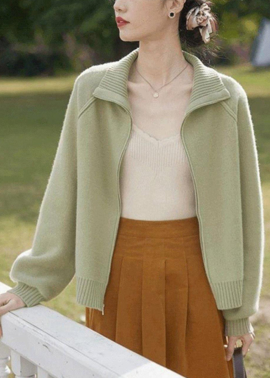 WW | Light Green Zip-Up Patchwork Knitted Coat with Long Sleeves