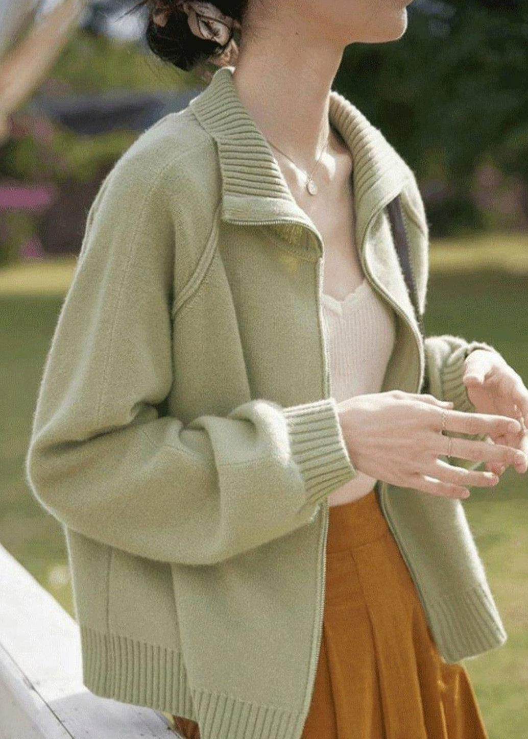 WW | Light Green Zip-Up Patchwork Knitted Coat with Long Sleeves