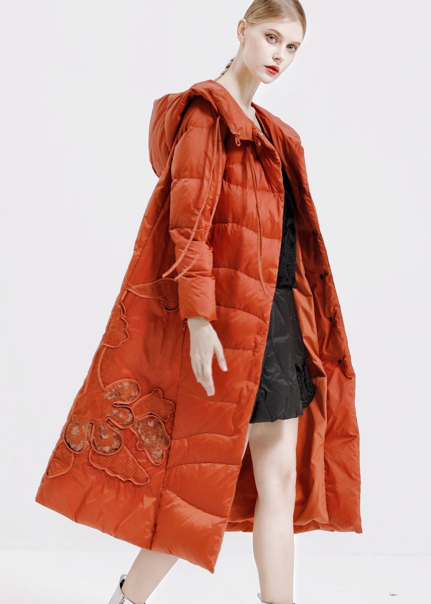 WW | Orange Hooded Button Patchwork Duck Down Long Coats Winter