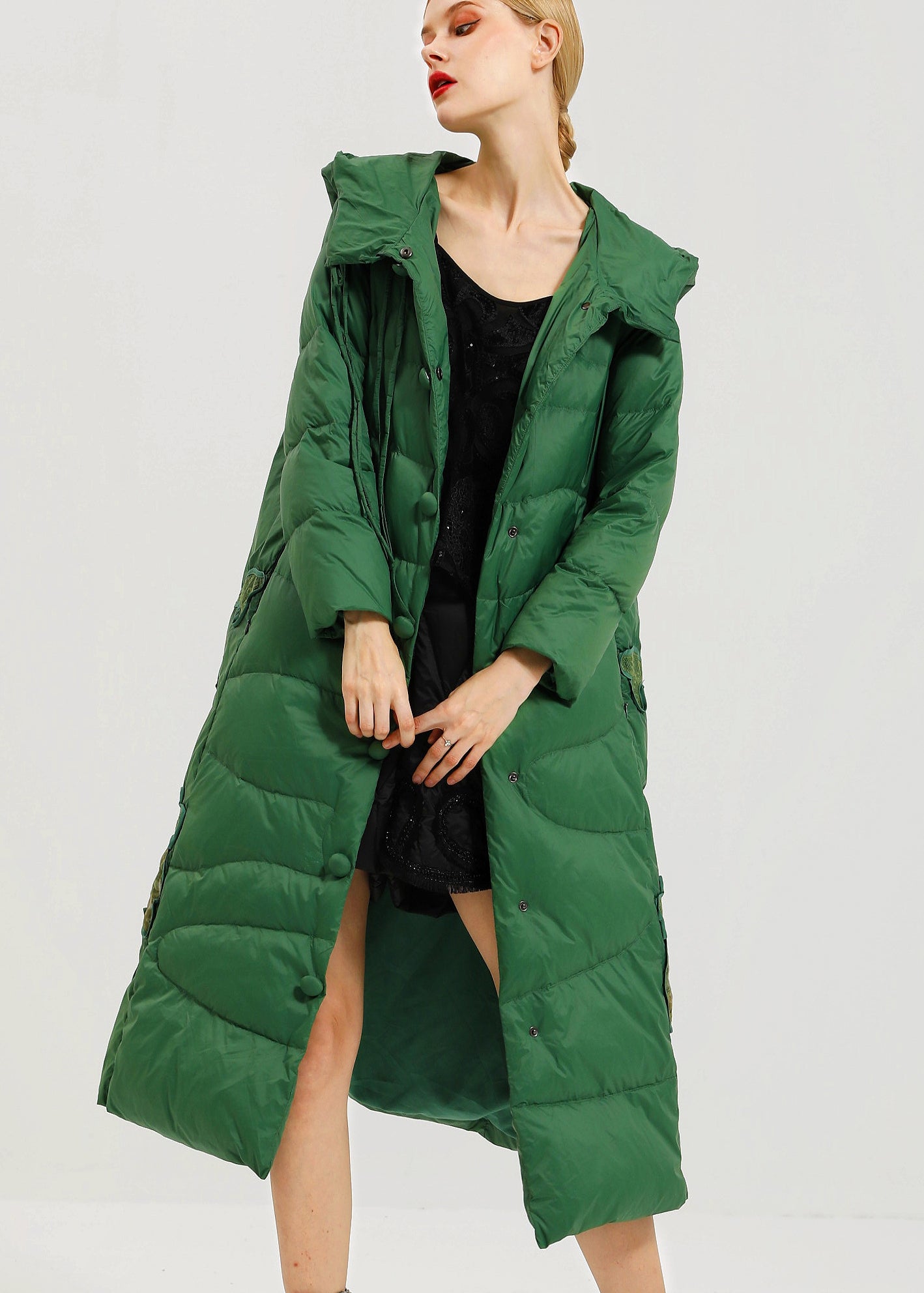WW | Orange Hooded Button Patchwork Duck Down Long Coats Winter